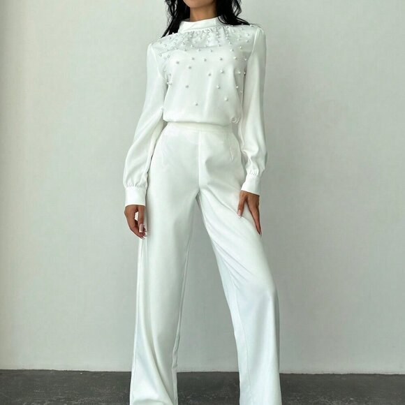 White Elegant Women's Romantic Pearl detailed Ruched Long Sleeve Blouse - Picture 5 of 6